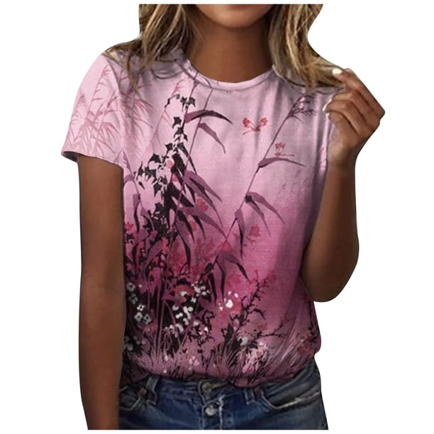 Blusa holgada de manga corta con cuello redondo y estampado a la moda para mujer Pompotops hfajkhk130483