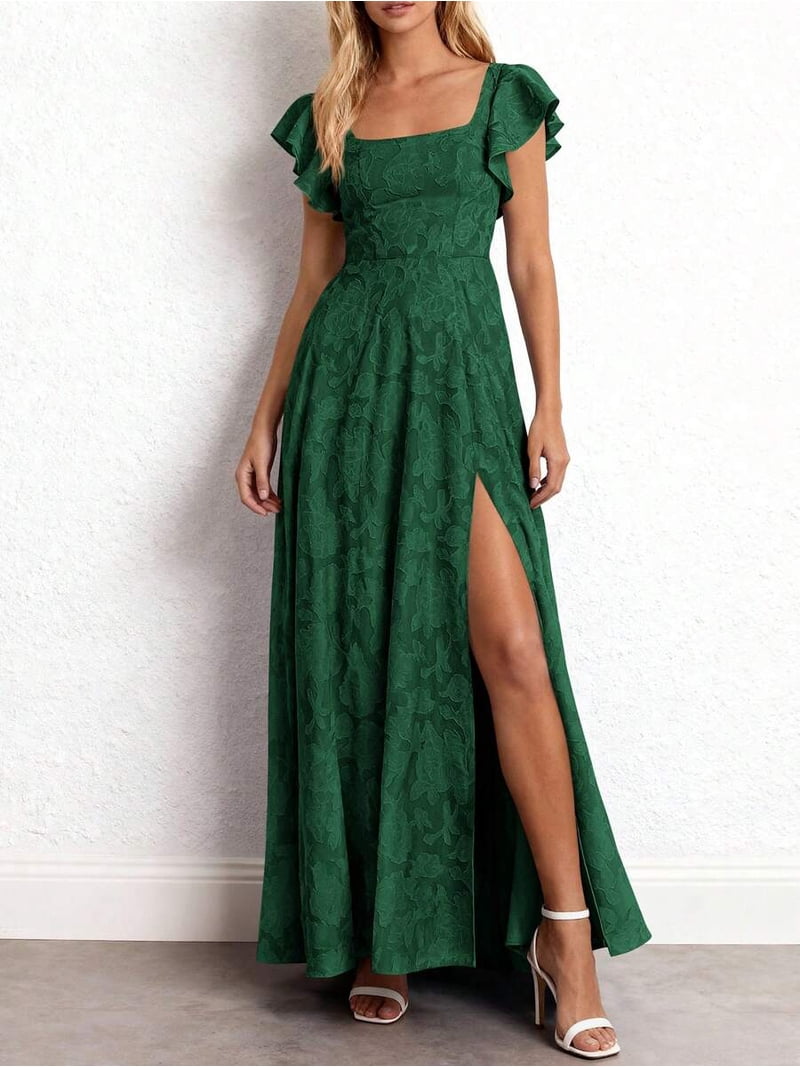 green floral slit dress Dark Elegant Lace Maxi With Ruffle Sleeves Square Neckline Formal Gown WK46FY26SLOWSELLERS