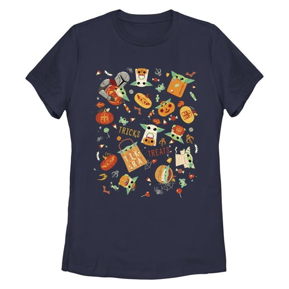 Women's Star Wars: The Mandalorian Halloween Candy Collage Graphic Tee Navy Blue 2X Large