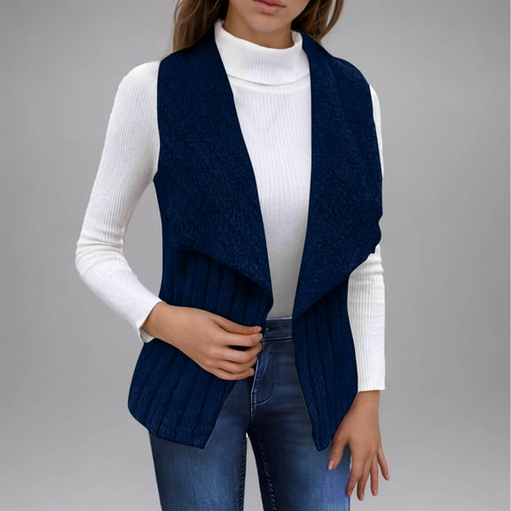 Fanxing Womens Fuzzy Fleece Vest Open Front Sleeveless Cardigan Sweater Lightweight Warm Gilet Teddy Jacket with Pockets for Fall Winter Navy S