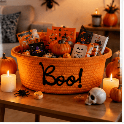 Halloween Pumpkin Shaped Tote Basket, 12.2x5.12in 3D Embroidered BOO Design Candy Basket with Handles, Gift Storage for Party and Home Decor Orange