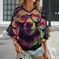 thumbnail image 3 of Colorful Bear With Headphones Women's V-Neck Blouse With 3/4 Ruffled Bell Sleeves Casual Top Ladies Blouses, 3 of 7