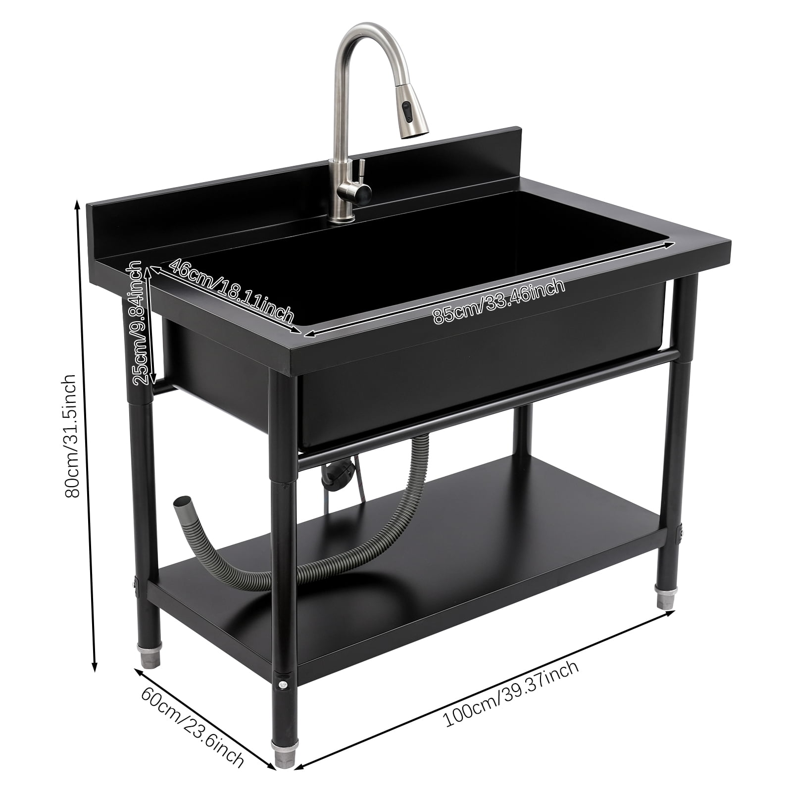 Black Stainless Steel 100x60x80cm Independent Sink With Pull-Out Faucet Commercial Kitchen Large-Capacity Working Sink