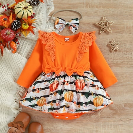 

BTJX Toddler Kids Girls Pumpkin Romper Jumpsuit Hairband Set Cloths