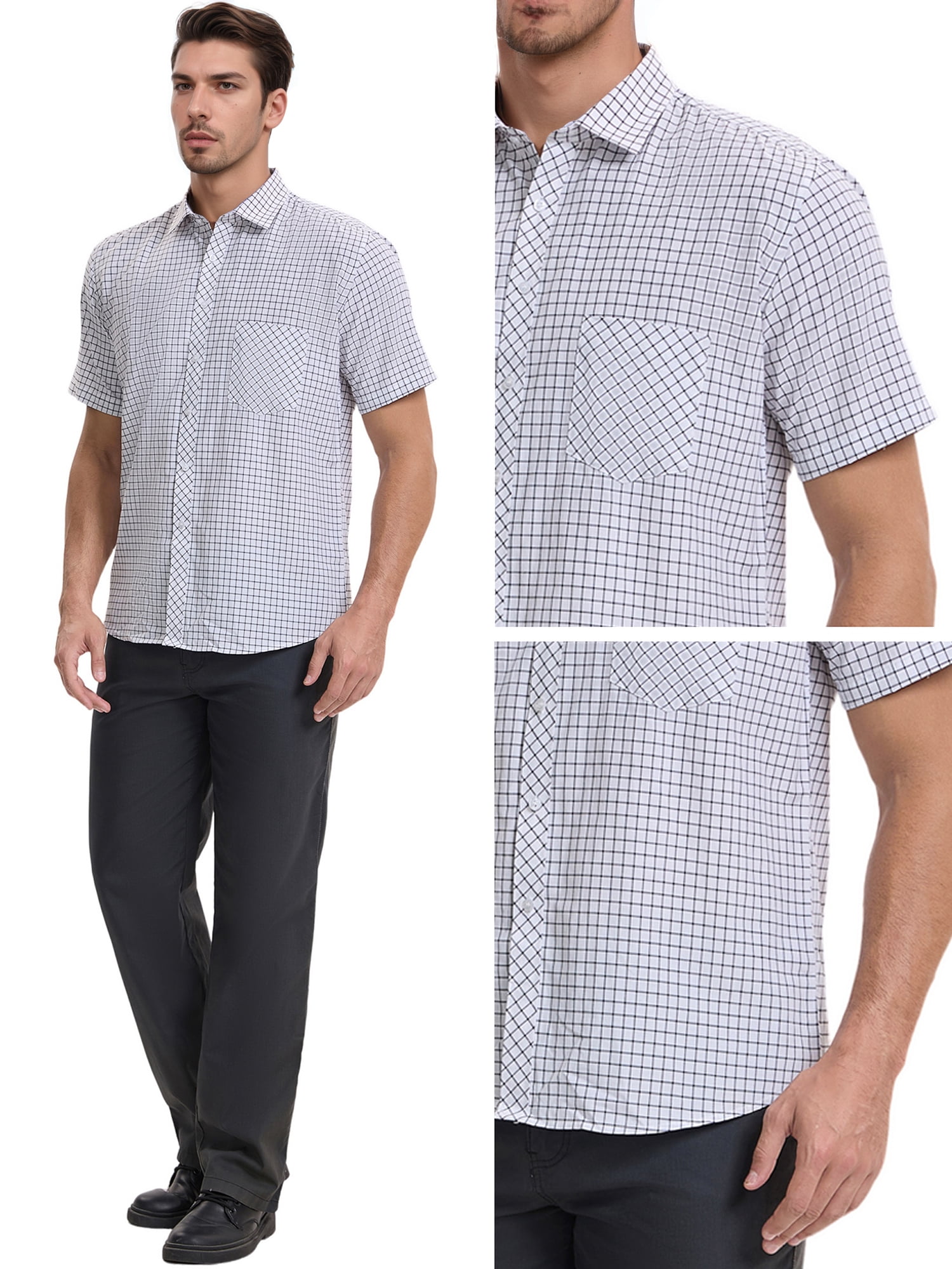 DARING DIVA Men's Plaid Short Sleeved Button Down Business Checked Dress Shirt M Gray