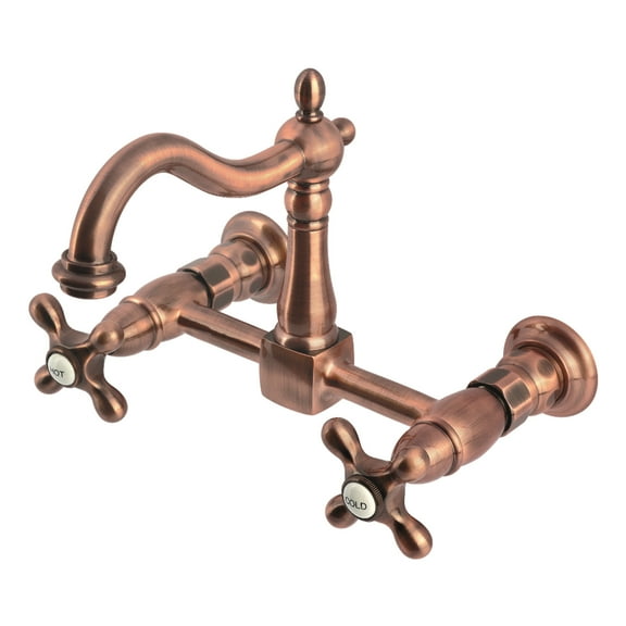 Kingston Brass KS126AXAC Heritage Double-Handle 2-Hole Wall-Mount Bridge Kitchen Faucet in Antique Copper