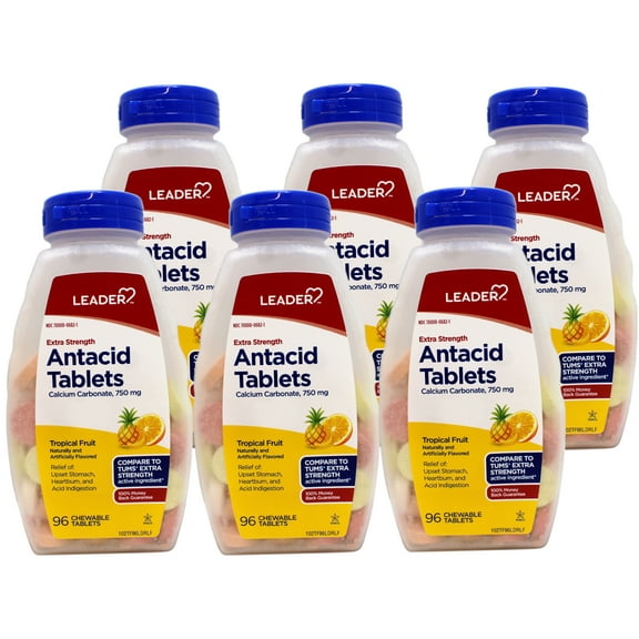 6 Pack - Leader Extra Strength Antacid Chewable Tablets, Fast Relief of Heartburn and Acid Indigestion Reflux, Tropical Fruit, 96 Count
