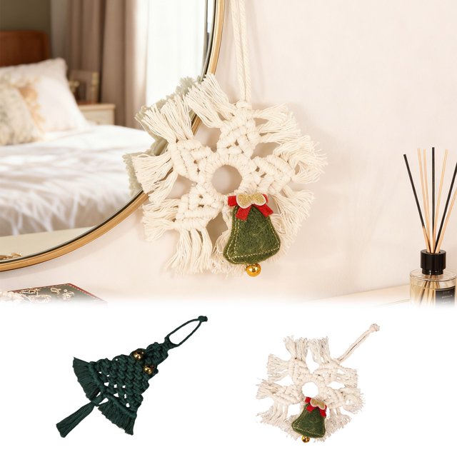 Adorno Navideño Colgante para Árbol de Navidad, Tejido a Mano En Tapiz | Decoración de Pared con Campanas y Copos de Nieve | Decoración Navideña | Lana Verde para Tejer | 27 X 10 Cm | 1 Adorno