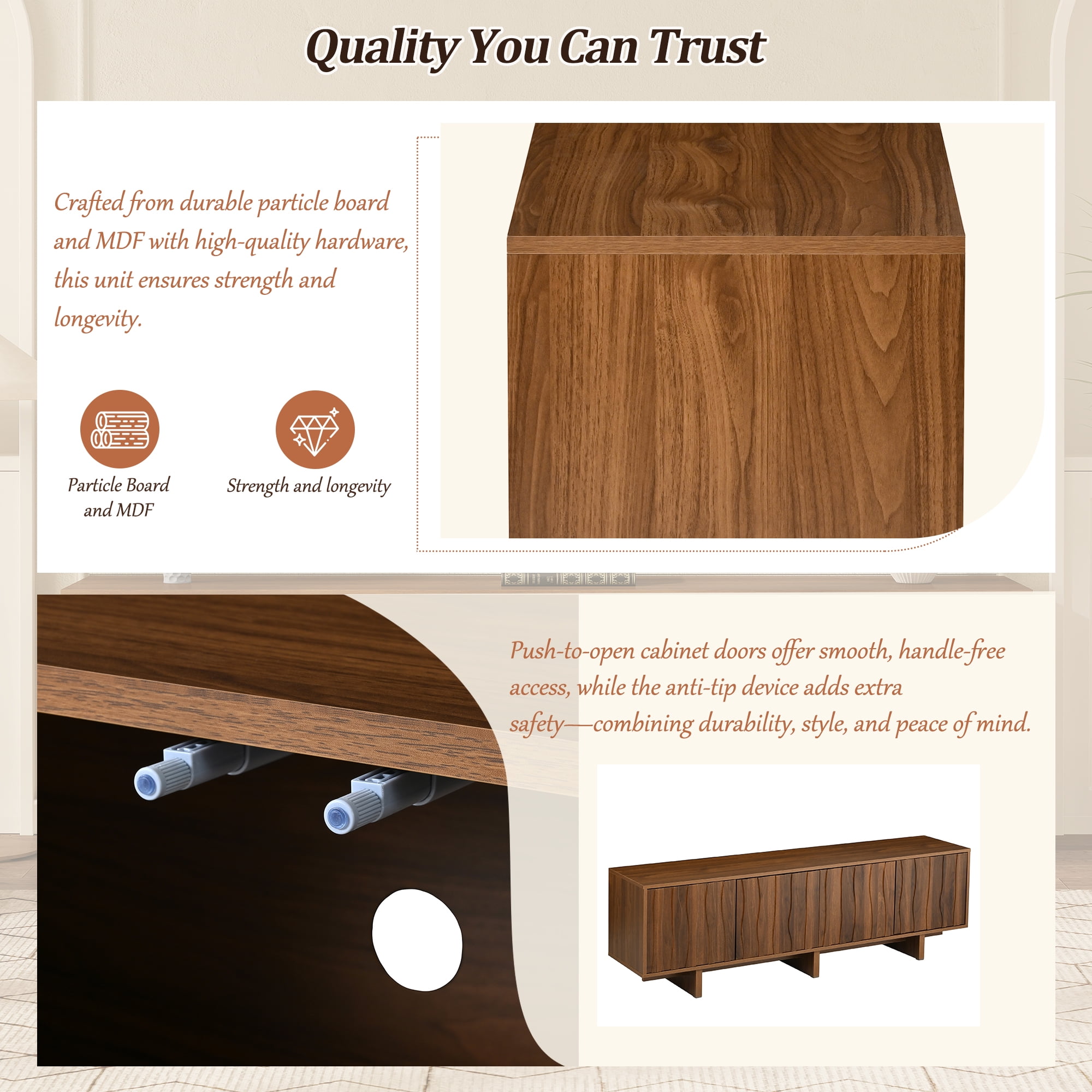 Euroco Retro Style Wood Grain TV Stand with Wavy Door Design for TVs up to 75", Rustic Media Console with Ample Storage Space, Sturdy Base TV Cabinet with Cable Management