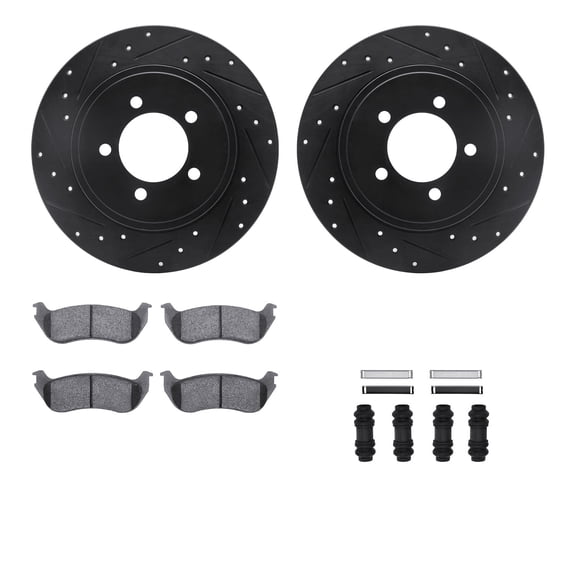 Dynamic Friction Company Rear Brake Rotors-Drilled and Slotted-Black with Ultimate Duty Performance Brake Pads includes Hardware 8412-54065