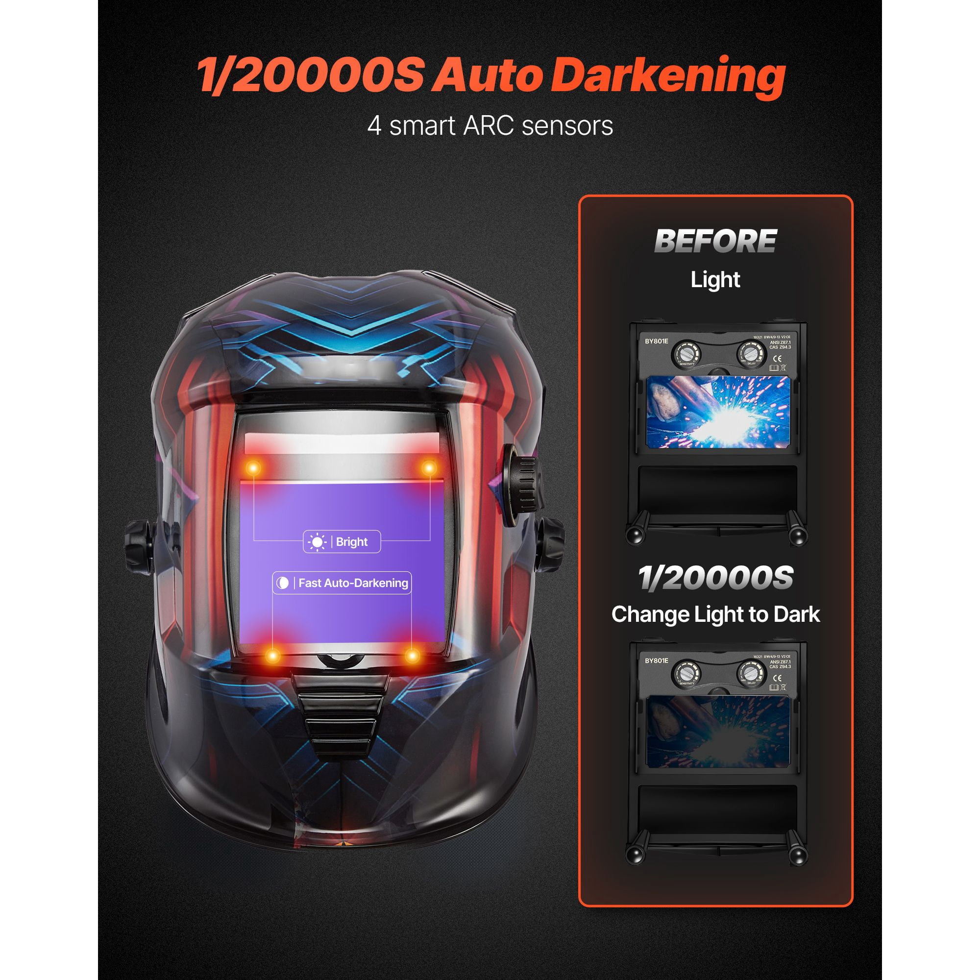 Auto Darkening Welding Helmet, 3.94x3.15 Inch Large True Color Screen, 4 Arc Sensors, 1/20000s Response, DIN 4/5-9/9-13 Adjustable, Solar Powered
