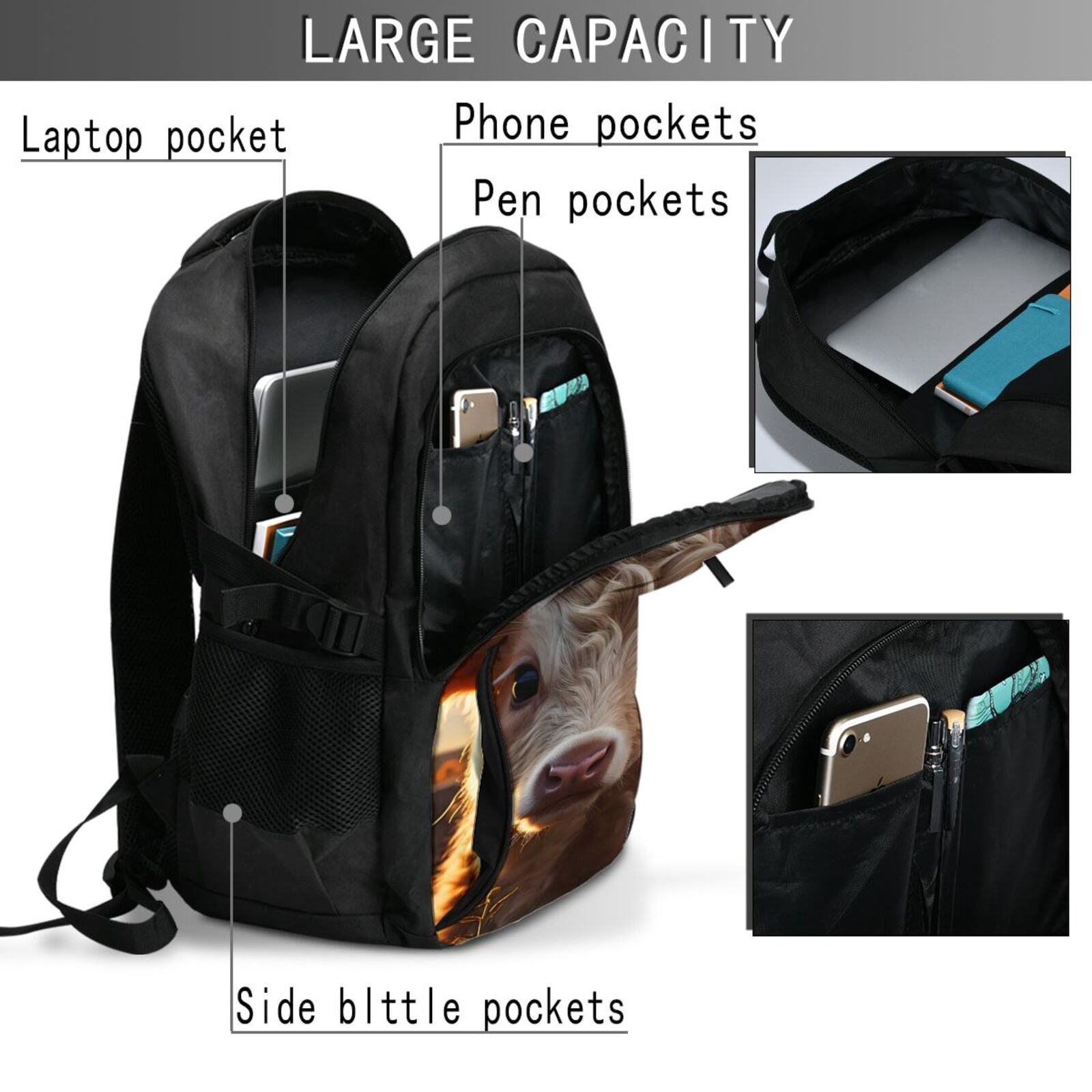 Vsdgher Sunset Sunflower Small Cow Print Travel Laptop Backpack, Laptops Backpack with USB Charging Port, Water Resistant Computer Bag Gift for Men & Women