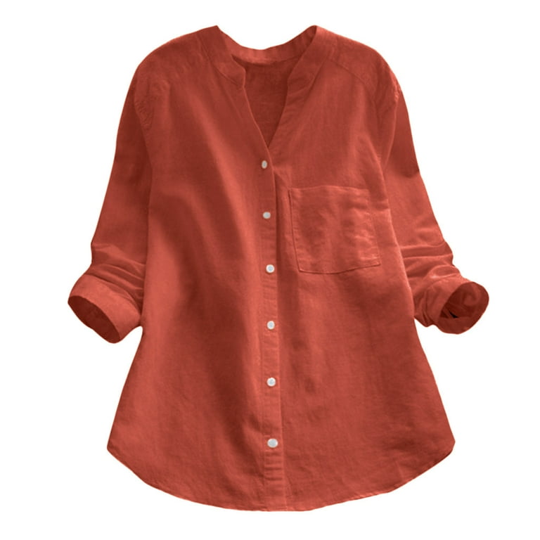 MRULIC t shirts for women Women Cotton linen Casual Solid Long Sleeve Shirt  Blouse Button Down Tops Womens t shirts Orange + M 