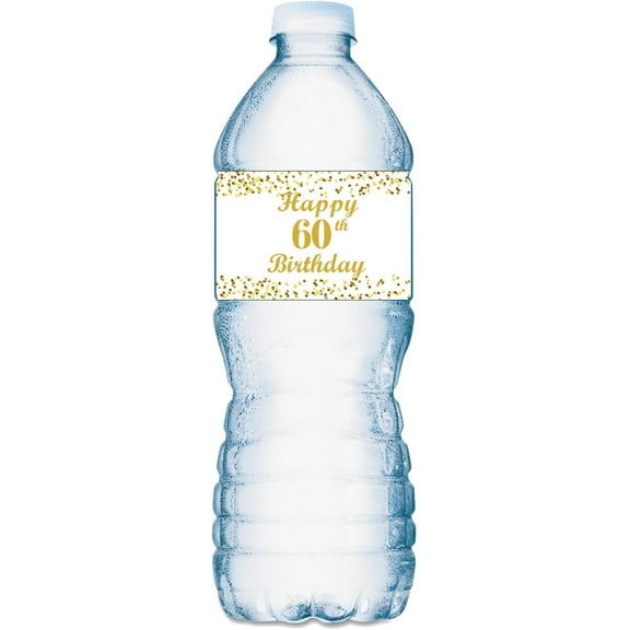 60th Birthday Water Bottle Labels; Set of 25 Waterproof Water Bottle Wrappers; Gold and White. Happy Birthday Labels