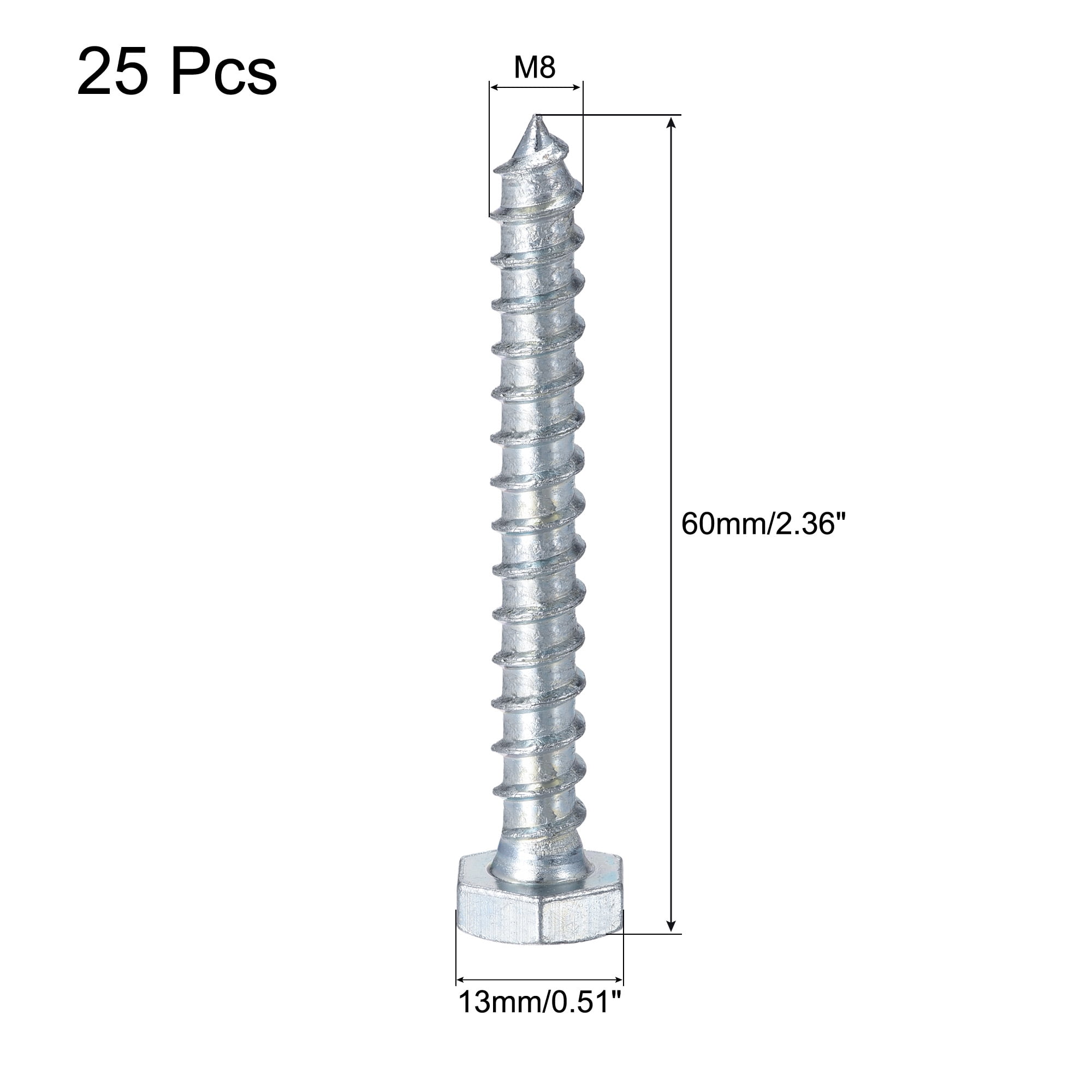Uxcell M8 x 60mm Carbon Steel Zinc Plated Hex Lag Screws for Wood 25 Pack