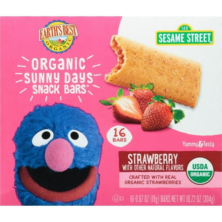 Earth's Best Organic SCH4 Kids Snacks, Sesame Street Toddler Snacks, Organic Sunny Days Snack Bars for Toddlers 2 Years and Older, Strawberry with Other Natural Flavors, 16 Bars Per Box