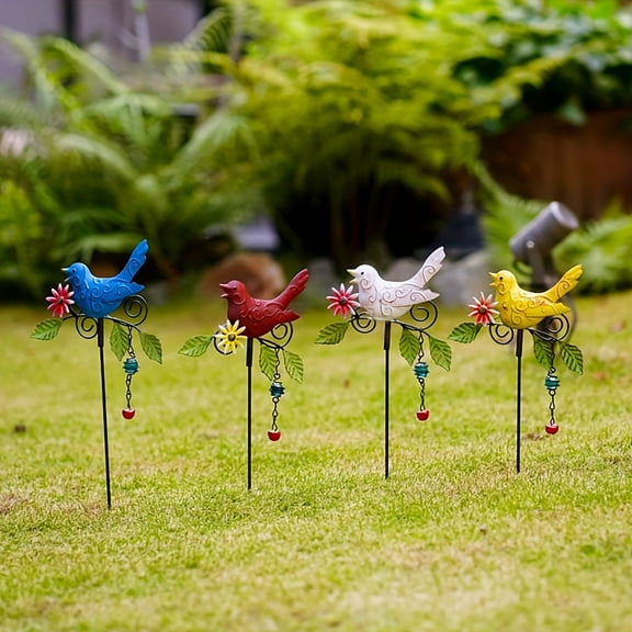 Outdoor Metal Bird Garden Stake Metal Bird Wind Chime for Yard Decoration and Patio Ornament in Red with Embossed Scroll Design and Small Bell