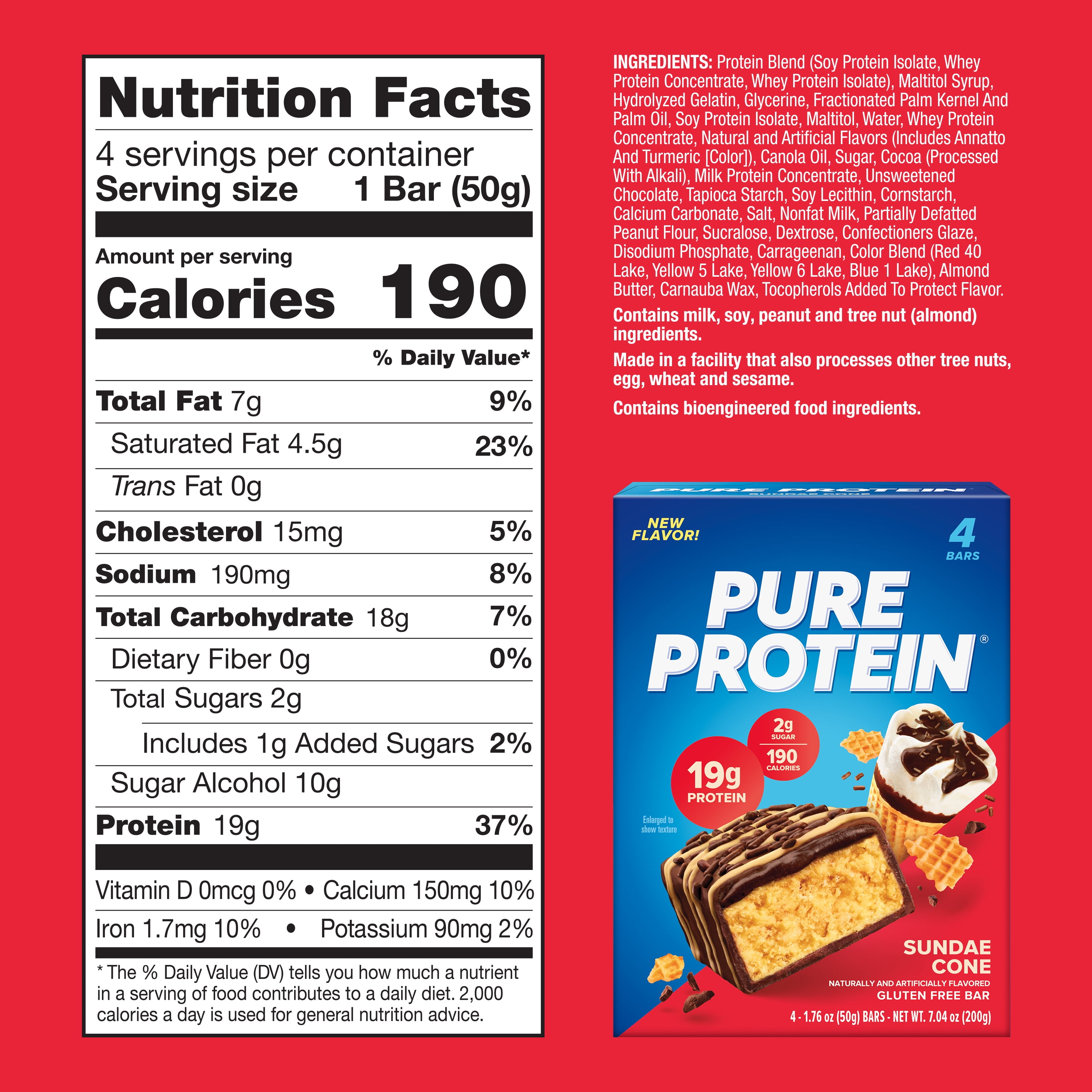Pure Protein Bars, Sundae Cone, 19g Protein, Gluten Free, 1.76 oz, 4 Ct