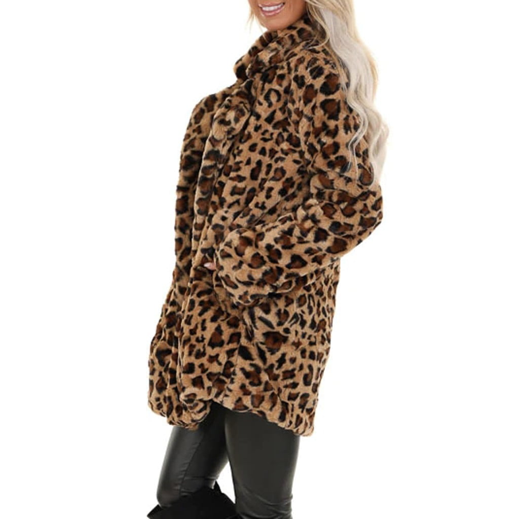 QIUUE Womens Leopard Faux Fur Cardigan Coat Pocket Fuzzy Warm Winter Oversized Outwear Long Coat Jackets