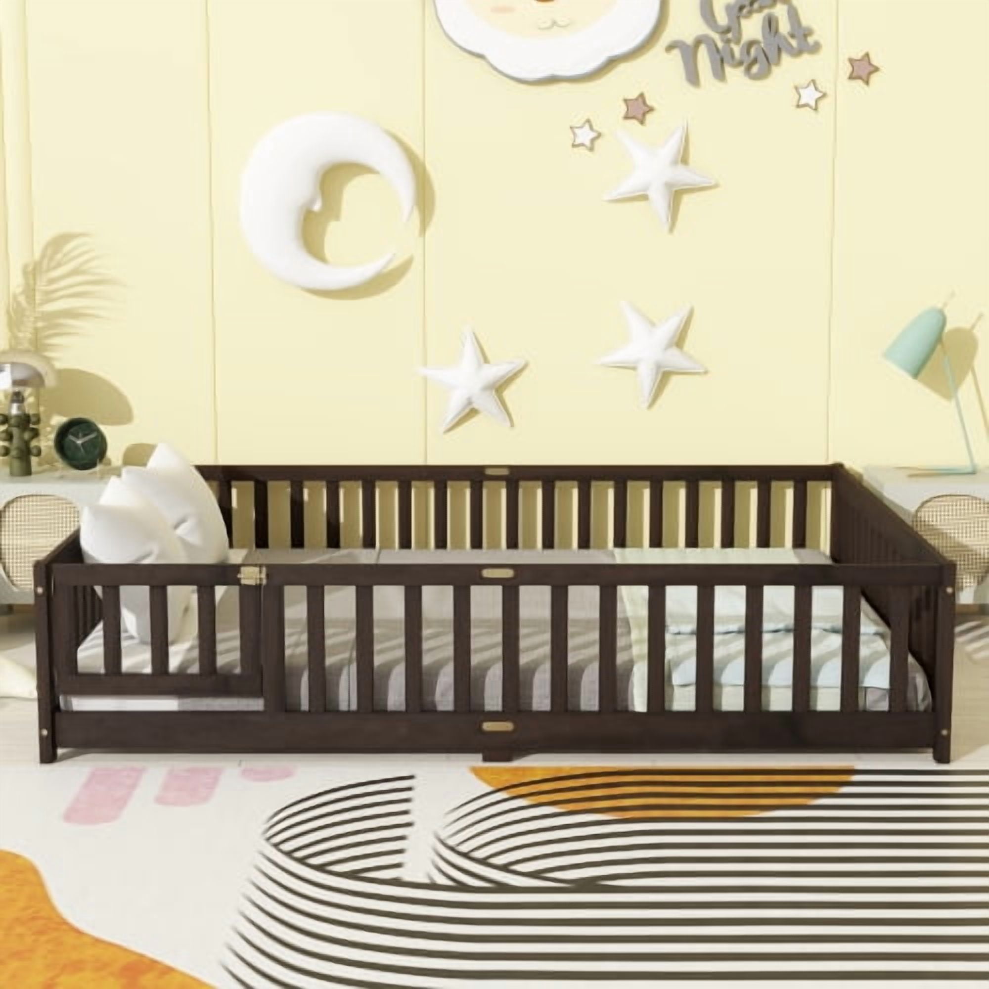 HOCOMILA Queen Size Floor Bed with Fence, Montessori Floor Bed with Slats and Safety Guardrails, Wood Queen Bed, Espresso