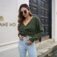 thumbnail image 3 of Defitshape Women's Long Sleeve Crop Top Knit Sweater Waffle Knit Sweater Lightweight Loose V Neck Twist Front Tie Knot Pullover Sweaters Army Green Small, 3 of 4