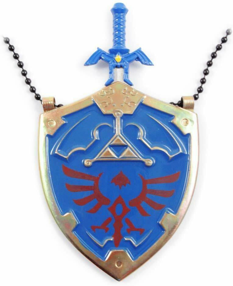 The Legend of Zelda Hylian Shield & Link Master Sword Necklace Blue 25" NIB