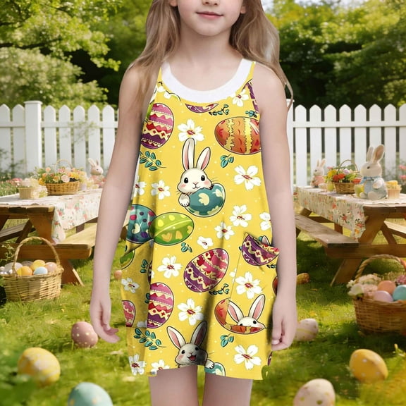 ATOGUTA Girls Dresses Casual Summer Spaghetti Straps Easter Romper Dresses with Pockets for Kid Size 3T-10. Multicolor