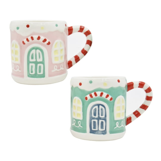Holiday Time 2 pack Stoneware Embossed Gingerbread House Festive Stackable Mug, Pastel Pink & Green
