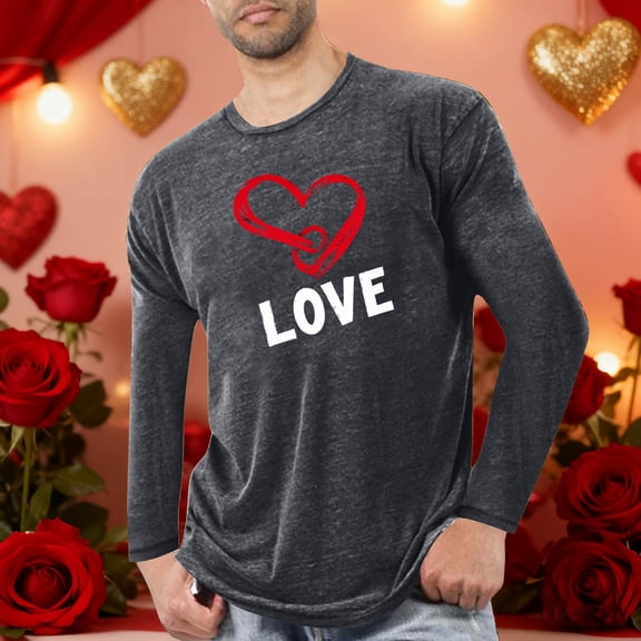 BEFOKA Mens Long Sleeve Tee Shirts Waffle Crew Neck Sweatshirt For Mens Heart Printed Valentine'S Day Mens Big And Tall Shirts Men Fall Tops Casual Blouses Graphic Casual Pajama Lounge Shirt