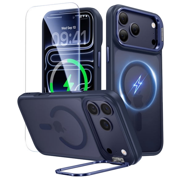 DUEDUE for iPhone 17 Pro Max Case 6.9", Magnetic Stash Lens Stand, MagSafe Compatible, 9H Screen Protector, Shockproof Full Coverage, Deep Blue