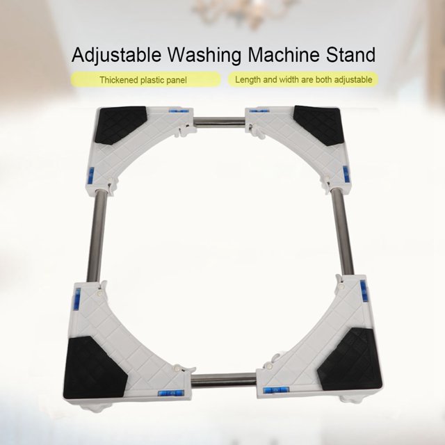 soporte para lavadora, base para frigorífico, soporte resistente de 4 a 8 pies, soporte ajustable para lavadora, soporte para refrigerador vista cenital del soporte ajustable en cuatro esquinas con paneles plásticos blancos y almohadillas antideslizantes negras; tubos de acero inoxidable telescópicos en los lados, patas regulables con ruedas y topes, longitud ajustable aprox. 42–62 cm (16.54–24.41 in), altura aprox. 8.8 cm, capacidad de carga 500 kg; también suele usarse para elevar y proteger electrodomésticos en lavanderías.
