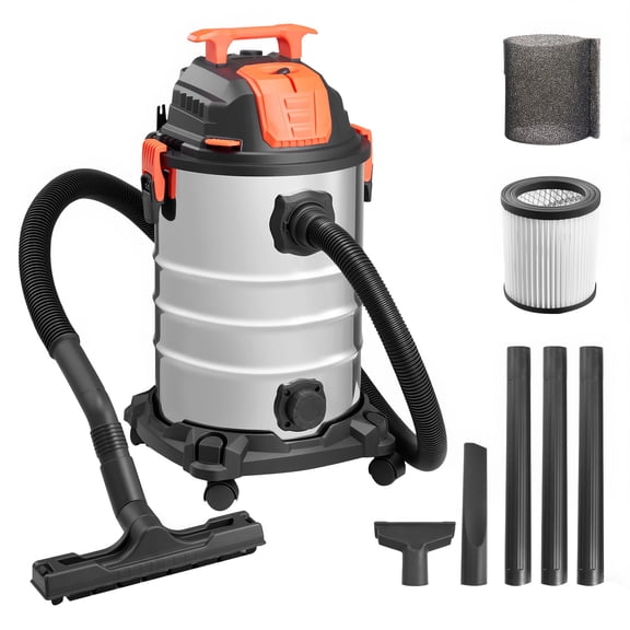VEVOR Stainless Steel Shop Vac, 8 Gallon Wet Dry Shop Vacuum, 6 Peak HP with One-Button Self-Cleaning, Dual-Filter, 900W Input Power, 1.25in x 7ft Hose, 9.8ft Cord, Metal Tank for Jobsite, Workshop,