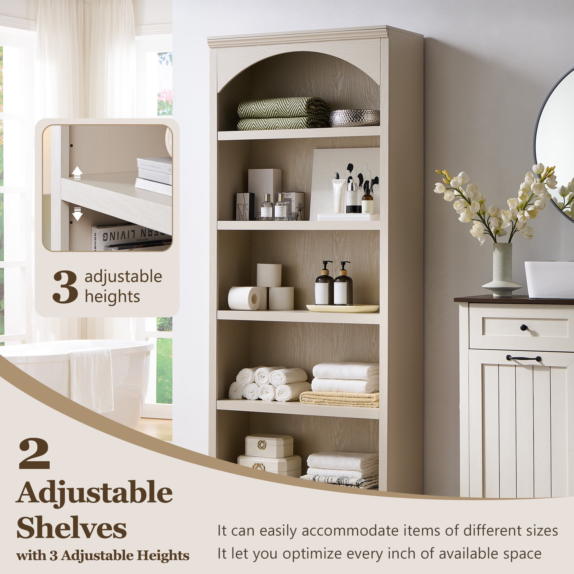 SinCiDo Tall Arched Bathroom Storage Cabinet with Adjustable Shelves, 5-Tier Bathroom Cabinet for Bathroom, Kitchen, Living Room, Cream