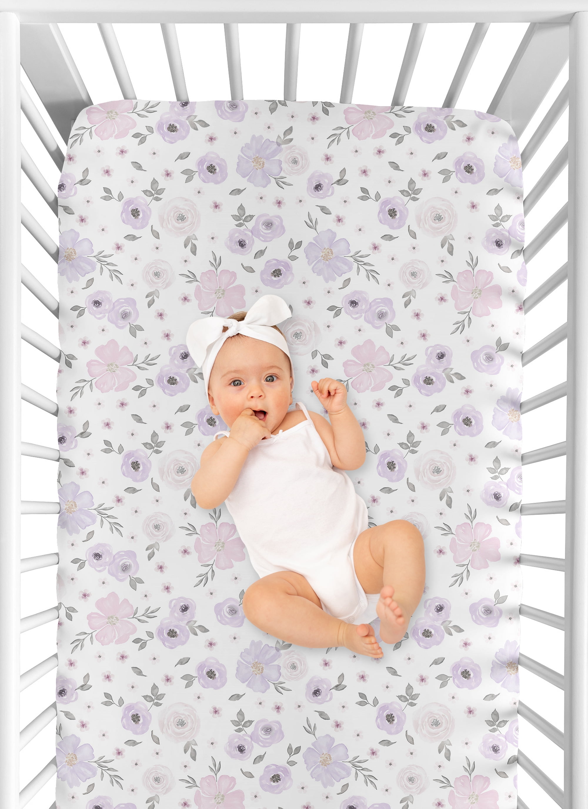 Sweet Jojo Designs Watercolor Floral Lavender Purple Pink and Grey Jersey Knit Fitted Crib Sheet