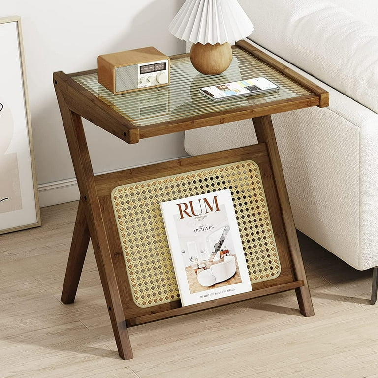 Bamworld Rattan Side Table, Boho Night Stand Glass Small End Tables Bamboo  Bedroom Coffee Table with Storage for Living Room and Outdoor 