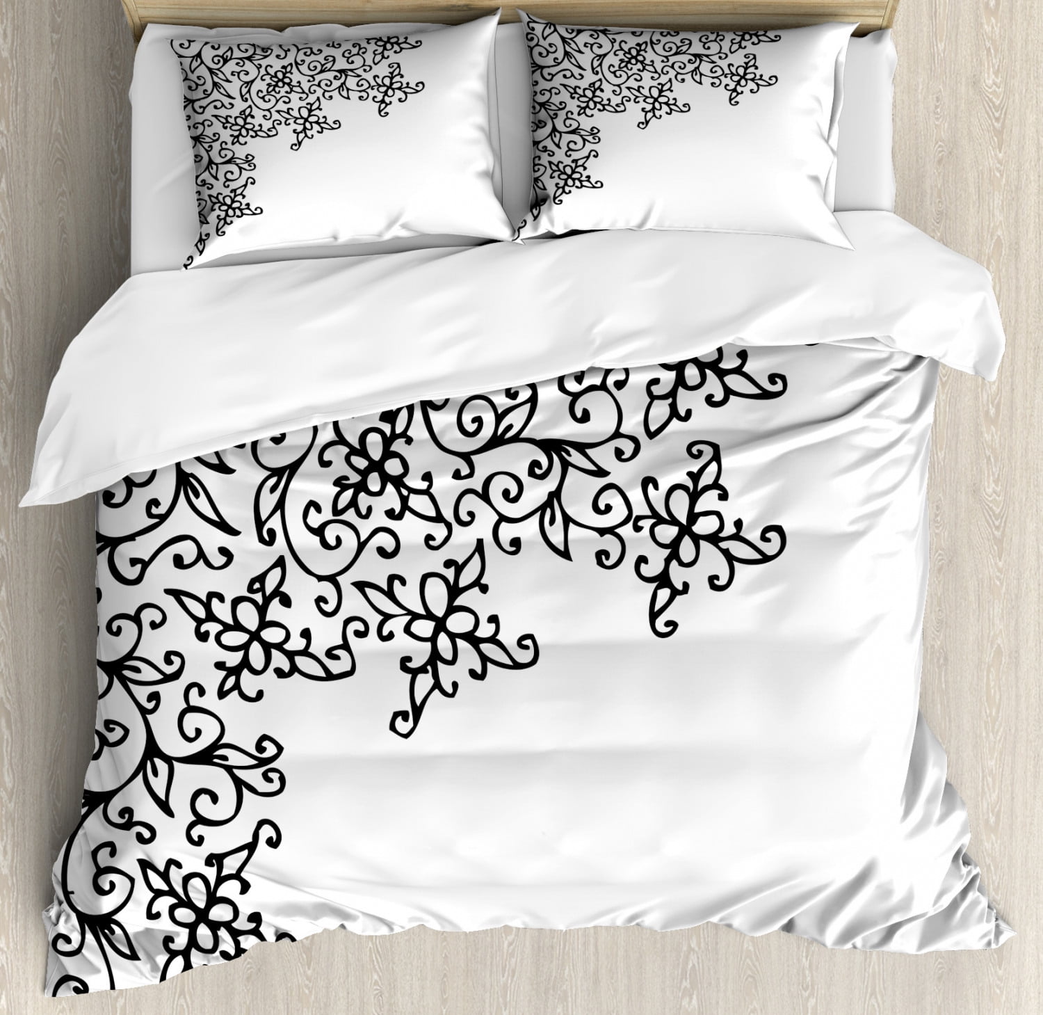 Abstract Duvet Cover Set, Floral Design Swirled Rococo Style