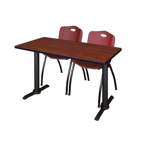 Cain 48" x 24" Training Table- Cherry & 2 'M' Stack Chairs- Burgundy