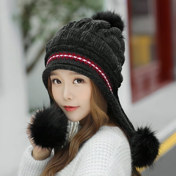 TELOLY Women Winter Knitted Beanie Hat with Pompoms Ski Snow Ear Flaps Sherpa Knit Thick Warm Soft Hats Windproof for Cold Weather Beanie for Women Black One Size