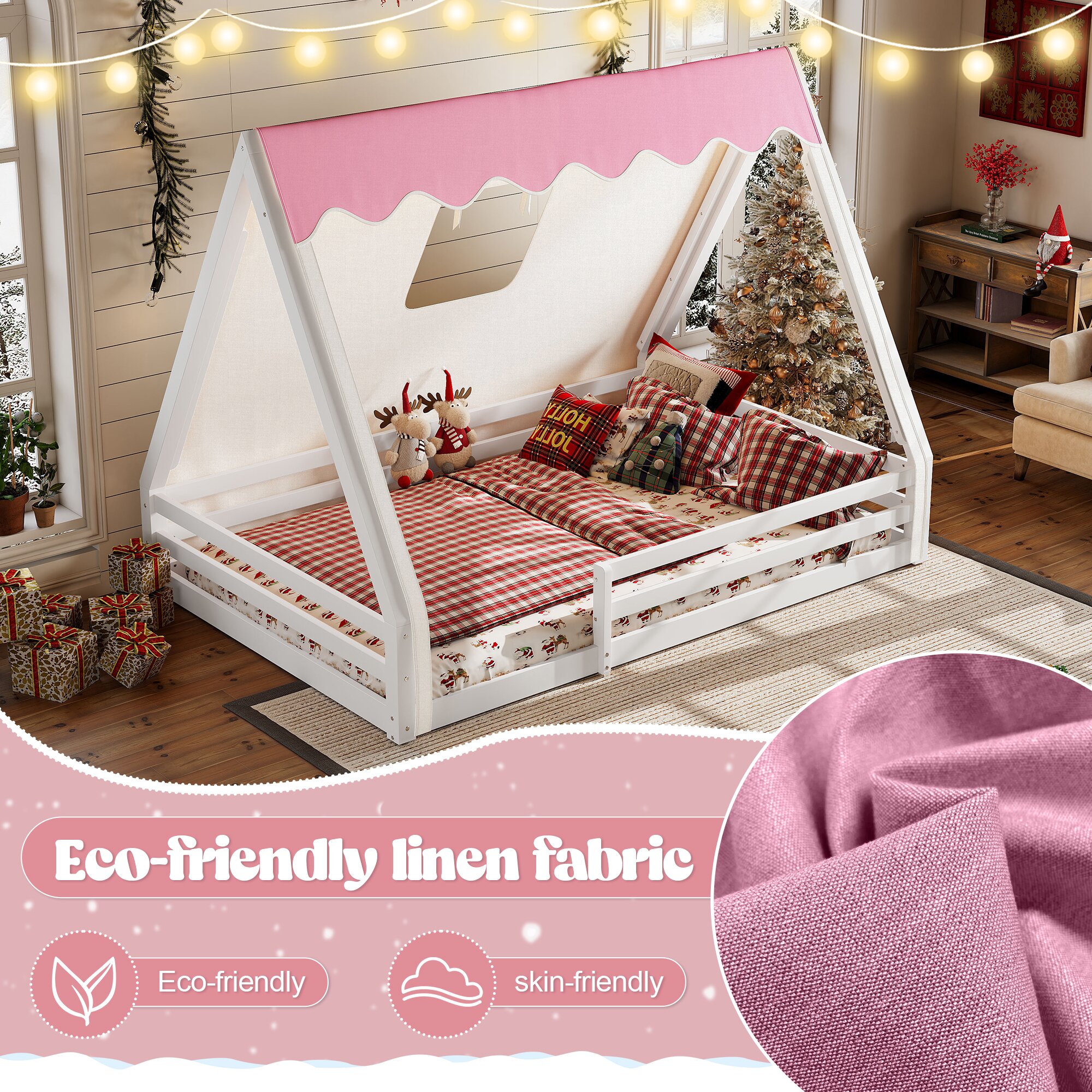 QZYeYun Full Size House Floor Bed with Tent and Light, Solid Wood Teepee Floor Bed with Full-length Guardrails, Montessori and Childlike Design (White-Pink)