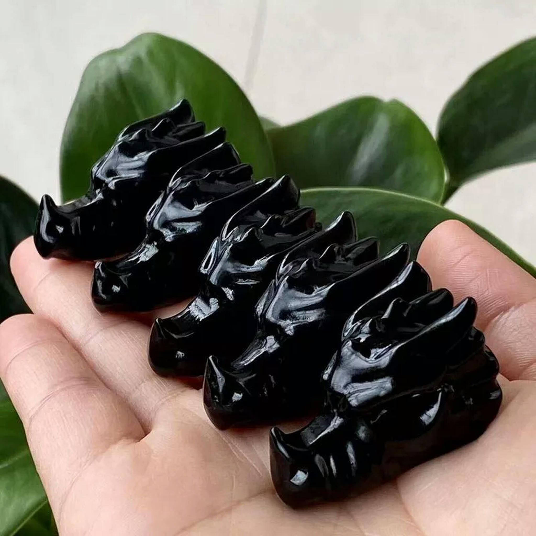 EOEMY 10Pcs Natural Black Obsidian Quartz Crystal Dragon Head Skull Carved Mini Statue