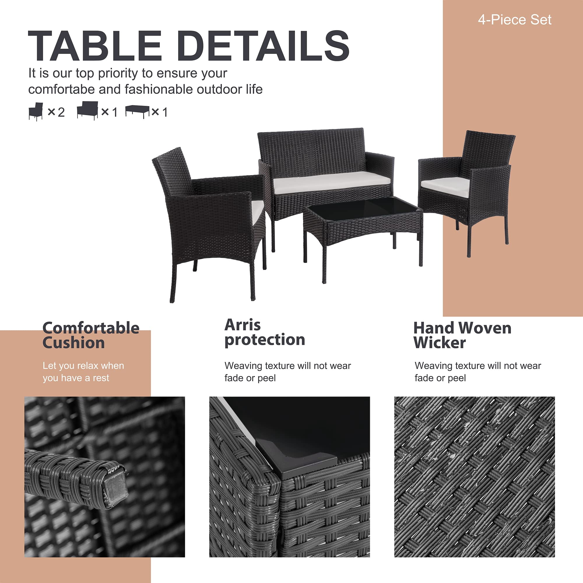 YIORTWO 4-Piece Outdoor Patio Furniture Set, Wicker Sofa Set with Thick Cushions, All-Weather Rattan Deep Seating Set with Tempered Glass Table, Black