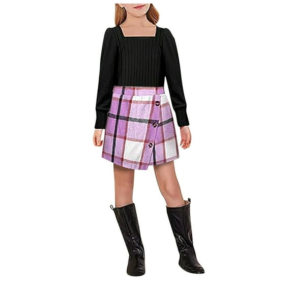 Fsqjgq 2T Girl Clothes Trendy Girls Clothes Girl Skirt Sets 2 Piece Outfits Square Neck Jacquard Puff Sleeve Tops Plaid Mini Skirt Shorts Fall Winter Clothes Baby Girl Outfits Kids Sets Size 100