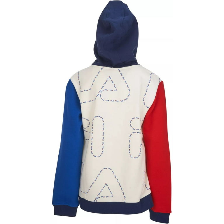 Fila Boys Hunter AOP Hoodie Ivory Red Blue Fleece Logo Pullover 38