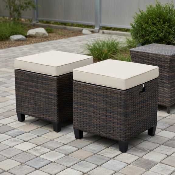 Kadyn Outdoor Footstool Footrest Furniture,Patio Wicker Ottoman, 2 Pieces Patio Rattan Ottoman Set with Removable Cushions-Beige