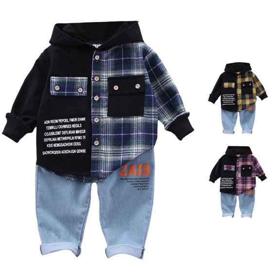 Toddler Boys 2 Piece Outfits Long Sleeve Patchwork Plaid Prints Hooded Tops and Pants Outfits Clothing Set Size 18-24 Months ,Blue
