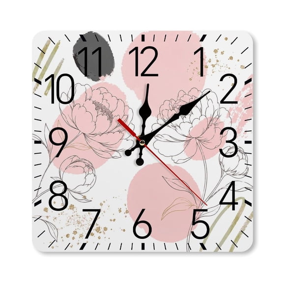 RKSupls 10×10inch Square Silent Wall Clock Wooden Frame, Peony Flowers Watercolor Pink Scale Decorative Clock for Home Bedroom Living Room Office