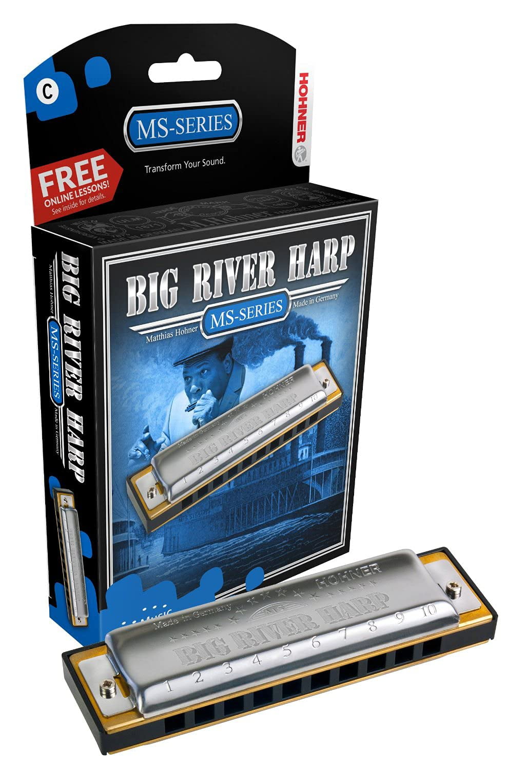Hohner Big River Harp MS Harmonica - Key of A Bundle with Case, Pouch, Online Manual, and Austin Bazaar Polishing Cloth