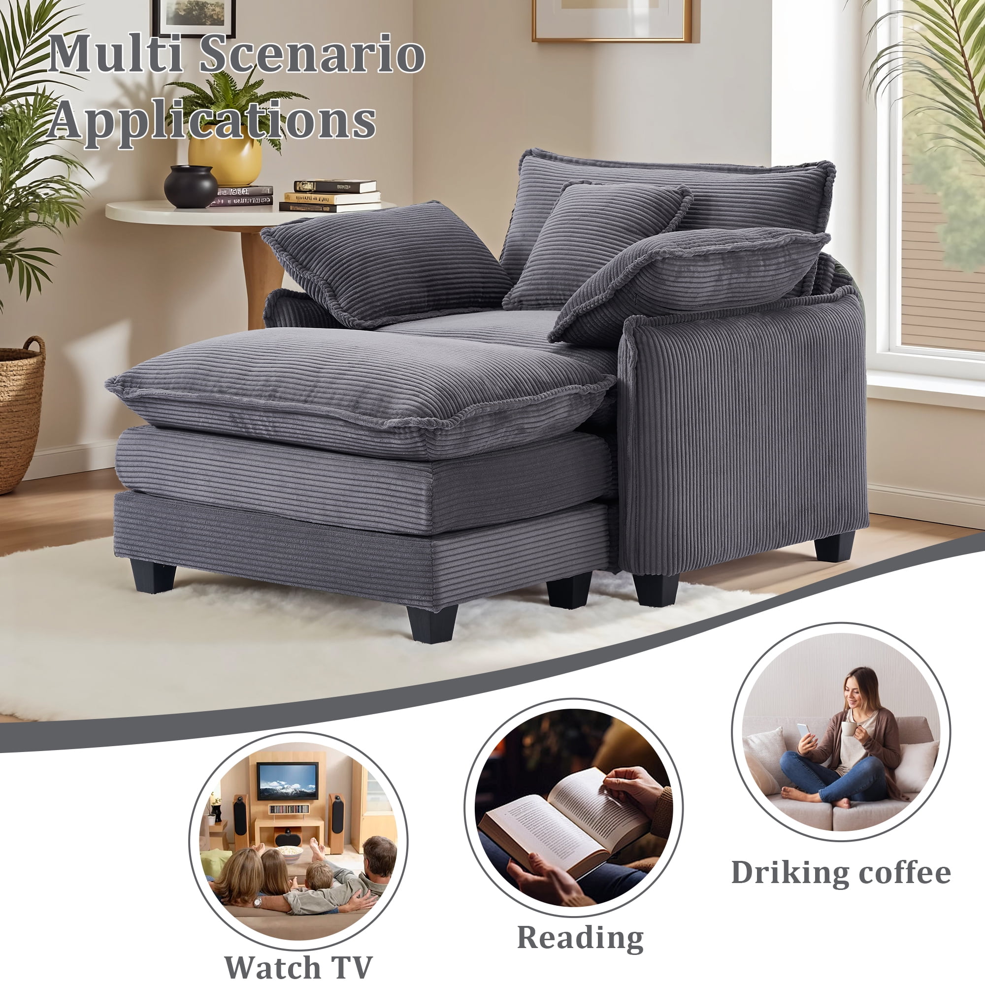 Gexpusm Wide Upholstered Sofa for Living Room and Bedroom, Comfy Living Room Chair, Single Sofa with Ottoman, Gray