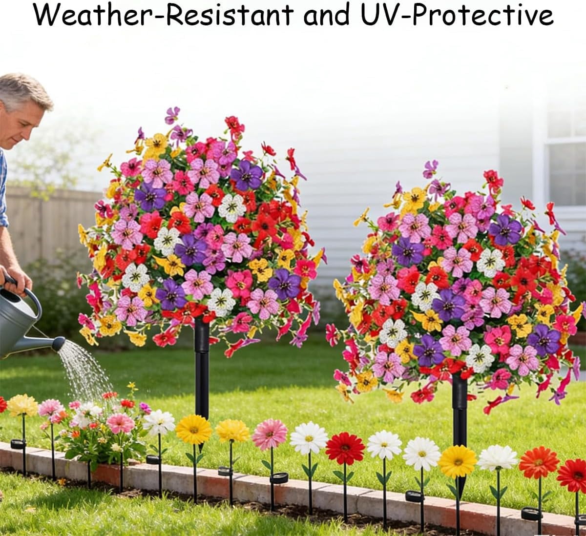 23" Artificial Topiary Ball Trees with Flowers & Ground Spikes – Set of 2, 48 Branches, 144 UV-Resistant Outdoor Flowers, Realistic Yellow Floral Spheres for Garden, Patio, Yard Decor