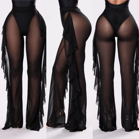 Sheer Ribbons Bikini - Women Summer Beach Mesh Ruffle Sheer Wide Leg Pants Trousers Bikini Cover Up Black Size S